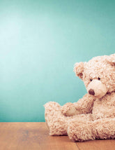 Bear Plush Toy On Wood Floor With Pale Turquoise Wall Backdrop Shopbackdrop